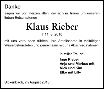 Traueranzeige von Klaus Rieber von Echo-Zeitungen (Gesamtausgabe)