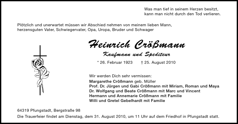  Traueranzeige für Heinrich Crößmann vom 28.08.2010 aus Echo-Zeitungen (Gesamtausgabe)