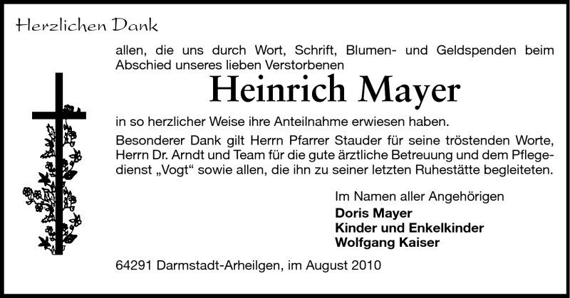  Traueranzeige für Heinrich Mayer vom 28.08.2010 aus Echo-Zeitungen (Gesamtausgabe)