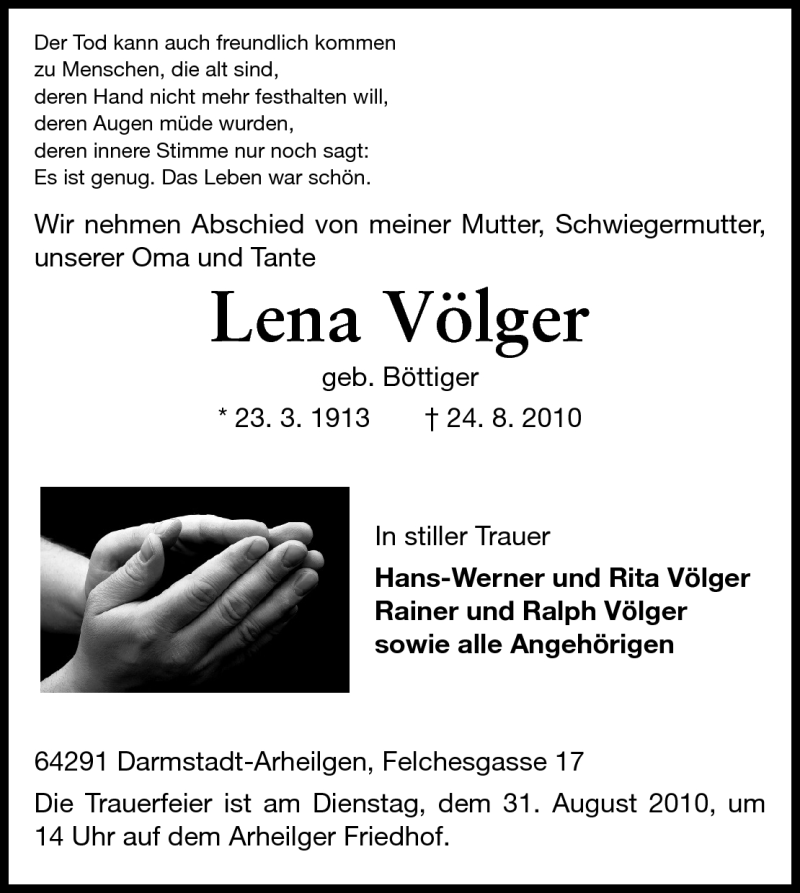  Traueranzeige für Lena Völger vom 28.08.2010 aus Echo-Zeitungen (Gesamtausgabe)
