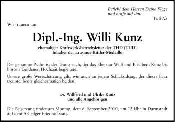 Traueranzeige von Willi Kunz von Darmstädter Echo, Odenwälder Echo, Rüsselsheimer Echo, Groß-Gerauer-Echo, Ried Echo