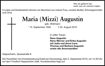 Traueranzeige von Maria Augustin von Starkenburger Echo