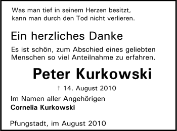 Traueranzeige von Peter Kurkowski von Echo-Zeitungen (Gesamtausgabe)
