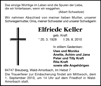 Traueranzeige von Elfriede Keller von Odenwälder Echo