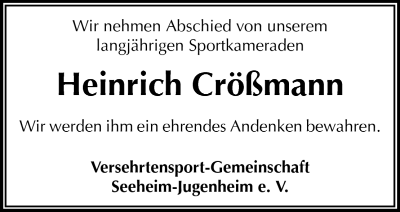  Traueranzeige für Heinrich Crößmann vom 30.08.2010 aus Echo-Zeitungen (Gesamtausgabe)