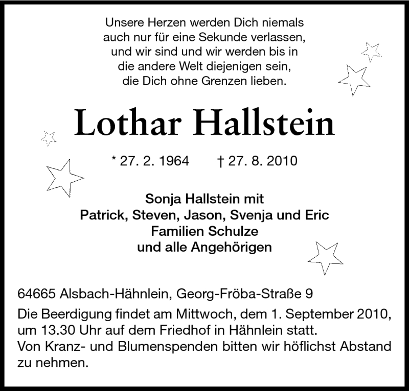 Traueranzeige für Lothar Hallstein vom 30.08.2010 aus Echo-Zeitungen (Gesamtausgabe)