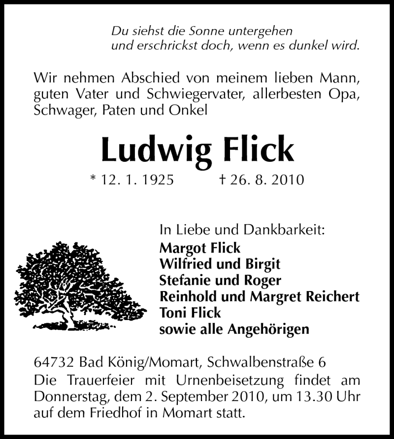  Traueranzeige für Ludwig Flick vom 31.08.2010 aus Odenwälder Echo