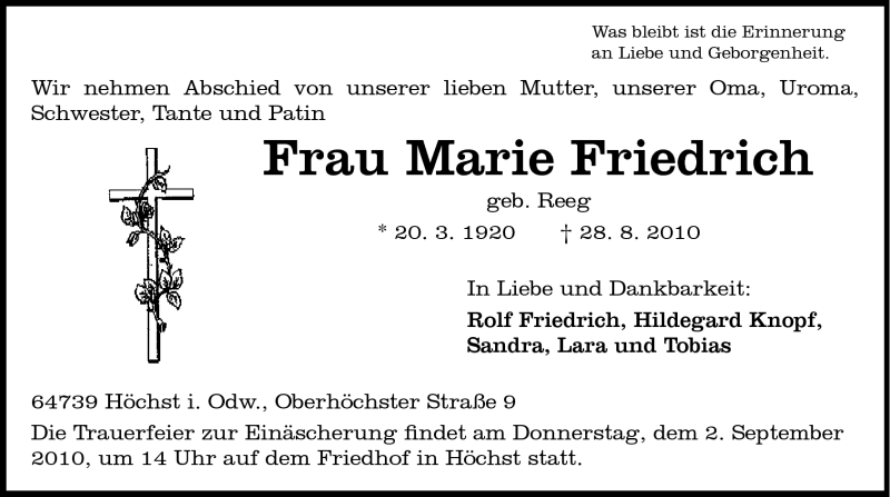 Traueranzeige für Marie Friedrich vom 31.08.2010 aus Odenwälder Echo