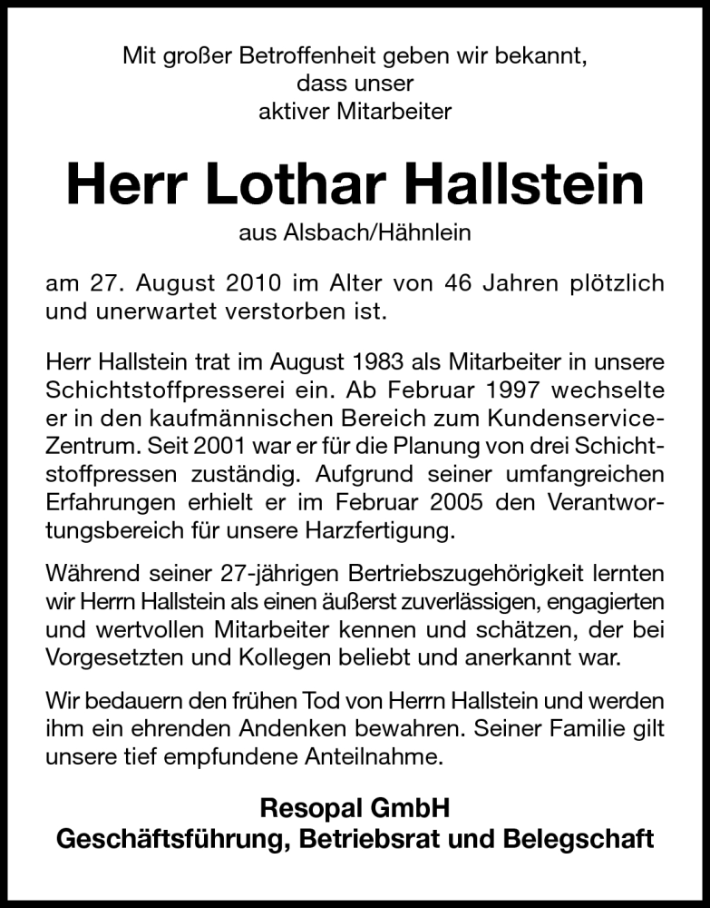  Traueranzeige für Lothar Hallstein vom 31.08.2010 aus Darmstädter Echo, Odenwälder Echo, Rüsselsheimer Echo, Groß-Gerauer-Echo, Ried Echo