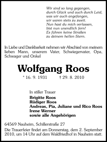 Traueranzeige von Wolfgang Roos von Rüsselsheimer Echo, Groß-Gerauer-Echo, Ried Echo