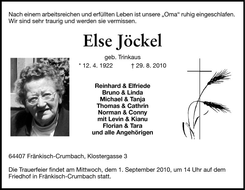  Traueranzeige für Else Jöckel vom 31.08.2010 aus Echo-Zeitungen (Gesamtausgabe)