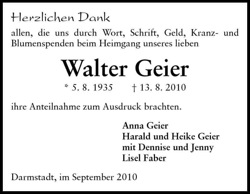  Traueranzeige für Walter Geier vom 04.09.2010 aus Darmstädter Echo, Odenwälder Echo, Rüsselsheimer Echo, Groß-Gerauer-Echo, Ried Echo