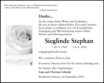 Traueranzeige von Sieglinde Stephan von Darmstädter Echo, Odenwälder Echo, Rüsselsheimer Echo, Groß-Gerauer-Echo, Ried Echo