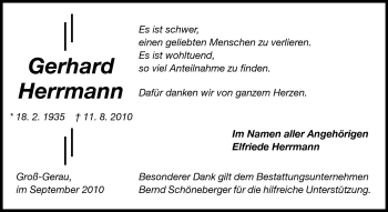 Traueranzeige von Gerhard Herrmann von Rüsselsheimer Echo, Groß-Gerauer-Echo, Ried Echo