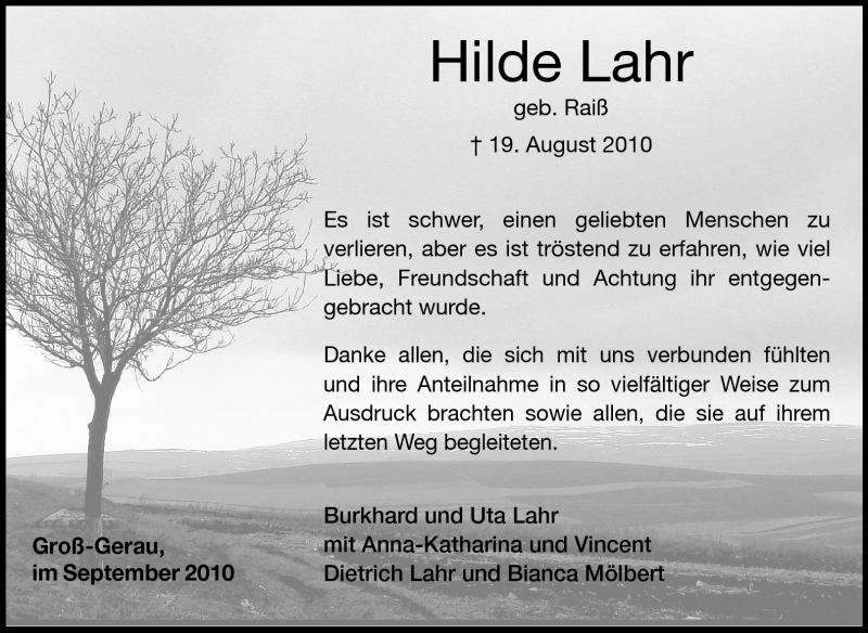  Traueranzeige für Hilde Lahr vom 11.09.2010 aus Darmstädter Echo, Odenwälder Echo, Rüsselsheimer Echo, Groß-Gerauer-Echo, Ried Echo