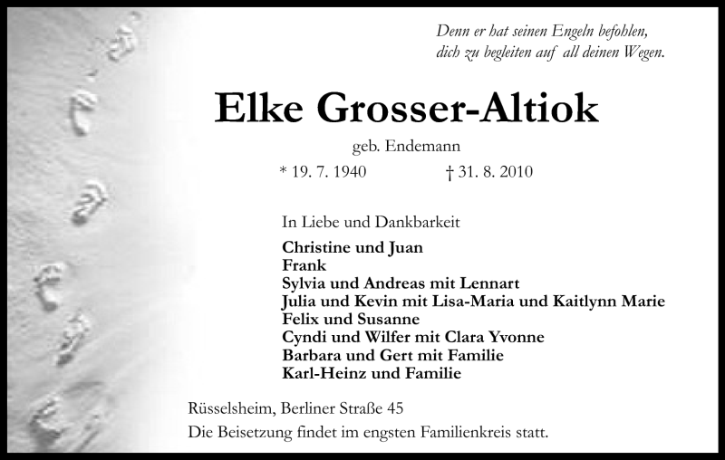  Traueranzeige für Elke Grosser-Altiok vom 04.09.2010 aus Rüsselsheimer Echo, Groß-Gerauer-Echo, Ried Echo