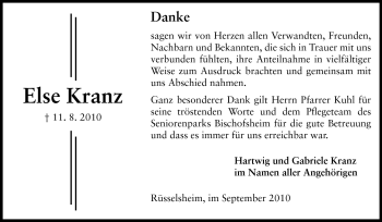 Traueranzeige von Else Kranz von Rüsselsheimer Echo, Groß-Gerauer-Echo, Ried Echo