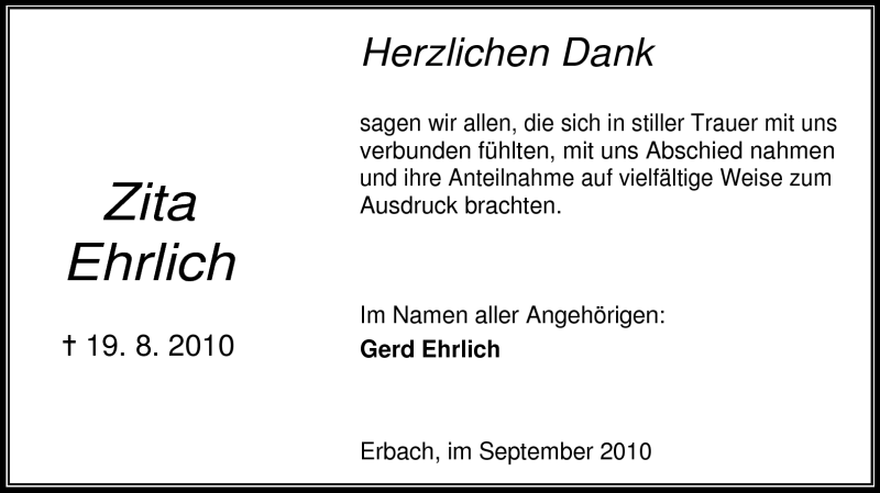  Traueranzeige für Zita Ehrlich vom 04.09.2010 aus Odenwälder Echo