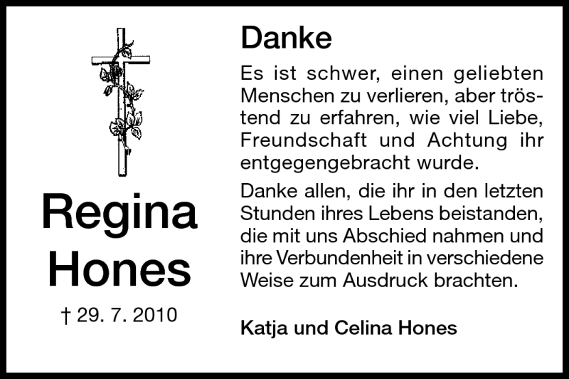  Traueranzeige für Regina Hones vom 07.09.2010 aus Darmstädter Echo, Odenwälder Echo, Rüsselsheimer Echo, Groß-Gerauer-Echo, Ried Echo