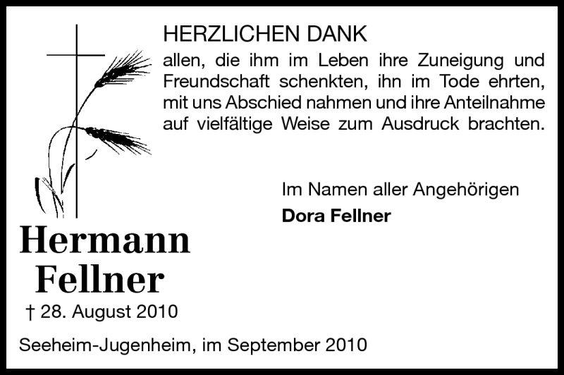  Traueranzeige für Hermann Fellner vom 11.09.2010 aus Darmstädter Echo, Odenwälder Echo, Rüsselsheimer Echo, Groß-Gerauer-Echo, Ried Echo
