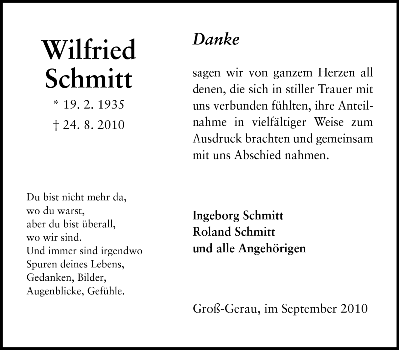  Traueranzeige für Wilfried Schmitt vom 08.09.2010 aus Rüsselsheimer Echo, Groß-Gerauer-Echo, Ried Echo