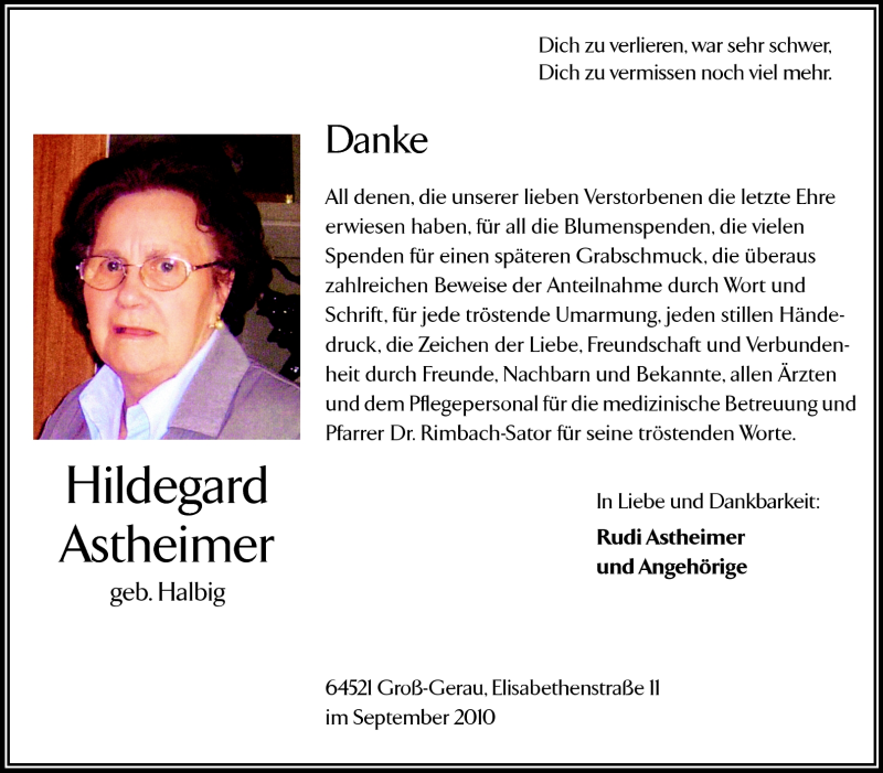  Traueranzeige für Hildegard Astheimer vom 08.09.2010 aus Rüsselsheimer Echo, Groß-Gerauer-Echo, Ried Echo