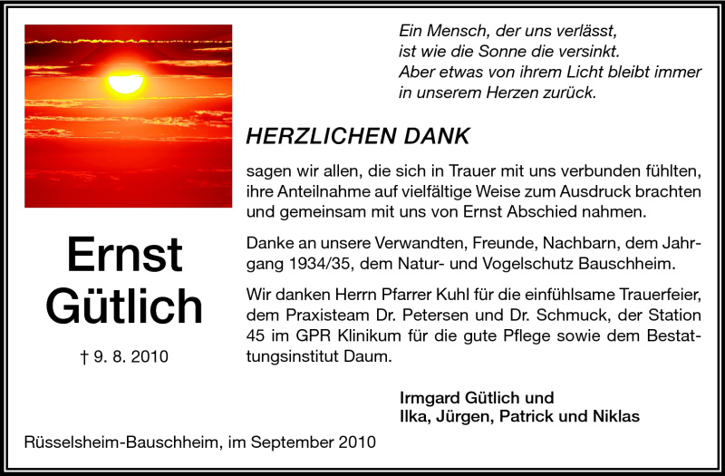  Traueranzeige für Ernst Gütlich vom 08.09.2010 aus Rüsselsheimer Echo, Groß-Gerauer-Echo, Ried Echo