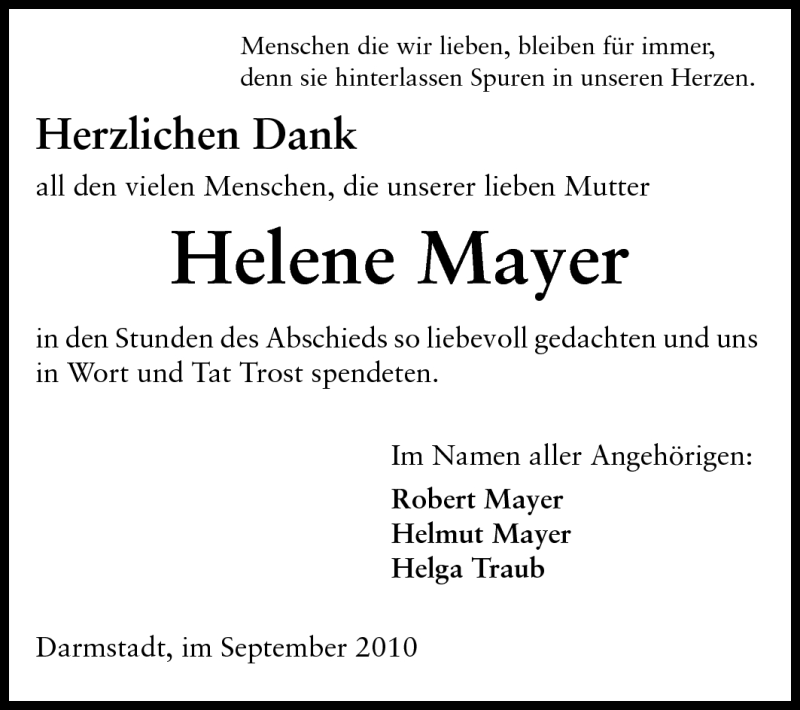  Traueranzeige für Helene Mayer vom 11.09.2010 aus Echo-Zeitungen (Gesamtausgabe)