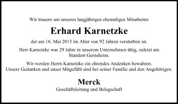 Traueranzeige von Erhard Karnetzke von Rüsselsheimer Echo, Groß-Gerauer-Echo, Ried Echo