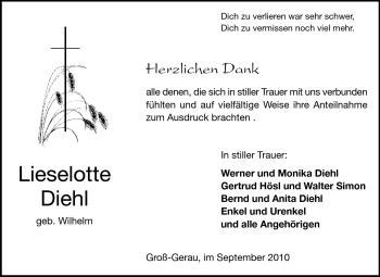 Traueranzeige von Lieselotte Diehl von Rüsselsheimer Echo, Groß-Gerauer-Echo, Ried Echo