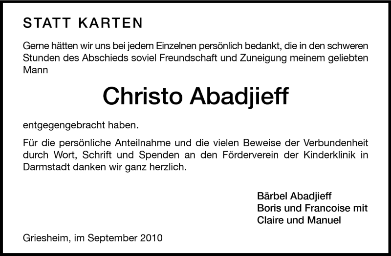  Traueranzeige für Christo Abadjieff vom 11.09.2010 aus Darmstädter Echo, Odenwälder Echo, Rüsselsheimer Echo, Groß-Gerauer-Echo, Ried Echo