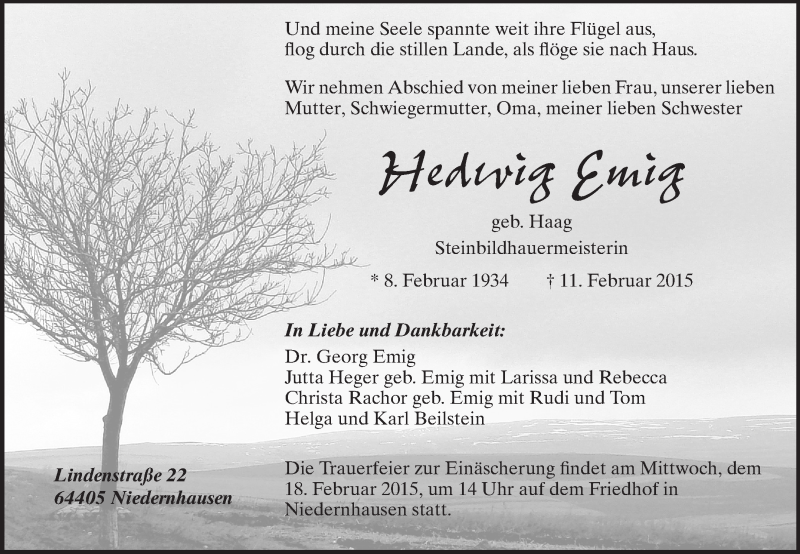  Traueranzeige für Hedwig Emig vom 16.02.2015 aus Echo-Zeitungen (Gesamtausgabe)