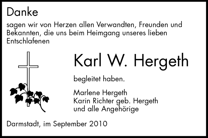  Traueranzeige für Karl W. Hergeth vom 11.09.2010 aus Darmstädter Echo, Odenwälder Echo, Rüsselsheimer Echo, Groß-Gerauer-Echo, Ried Echo
