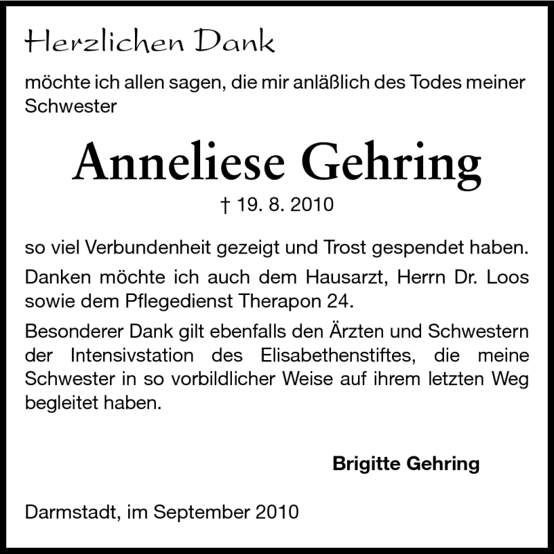  Traueranzeige für Anneliese Gehring vom 11.09.2010 aus Darmstädter Echo, Odenwälder Echo, Rüsselsheimer Echo, Groß-Gerauer-Echo, Ried Echo