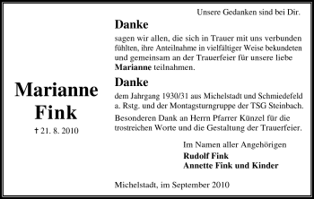 Traueranzeige von Marianne Fink von Odenwälder Echo