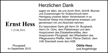 Traueranzeige von Ernst Hess von Echo-Zeitungen (Gesamtausgabe)