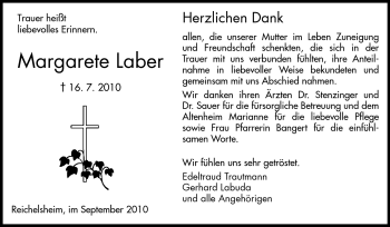 Traueranzeige von Margarete Laber von Odenwälder Echo