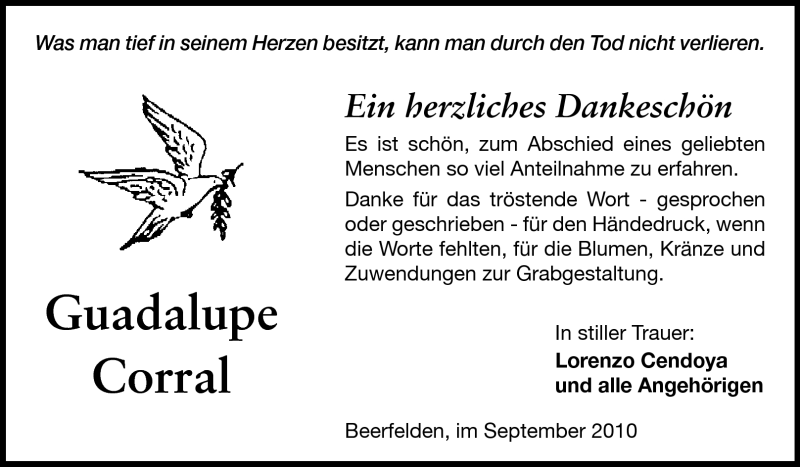  Traueranzeige für Guadalupe Corral vom 13.09.2010 aus Odenwälder Echo