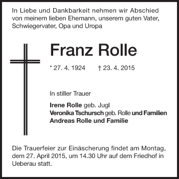 Traueranzeige von Franz Rolle von Echo-Zeitungen (Gesamtausgabe)