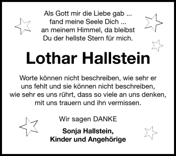 Traueranzeige von Lothar Hallstein von Darmstädter Echo, Odenwälder Echo, Rüsselsheimer Echo, Groß-Gerauer-Echo, Ried Echo