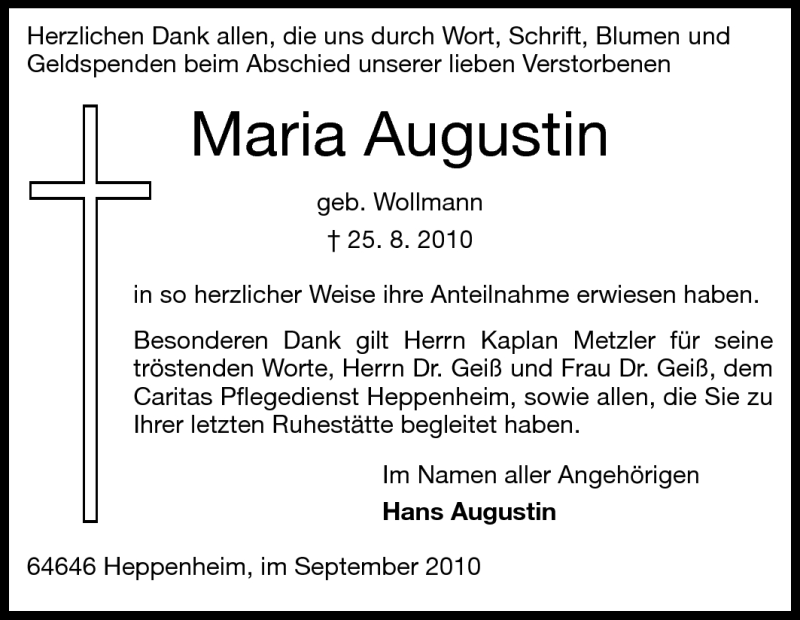 Traueranzeige für Maria Augustin vom 18.09.2010 aus Starkenburger Echo