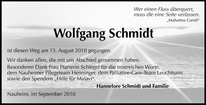  Traueranzeige für Wolfgang Schmidt vom 18.09.2010 aus Rüsselsheimer Echo, Groß-Gerauer-Echo, Ried Echo
