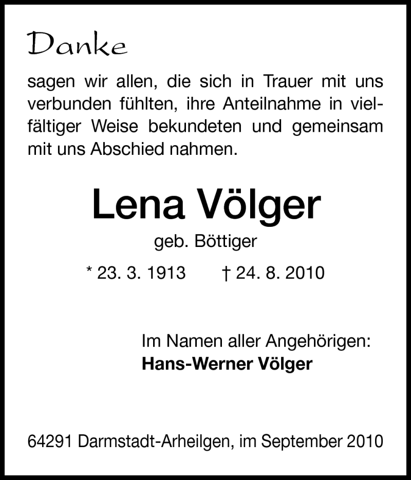  Traueranzeige für Lena Völger vom 18.09.2010 aus Echo-Zeitungen (Gesamtausgabe)
