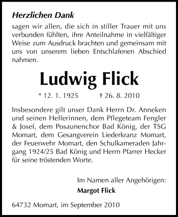 Traueranzeige von Ludwig Flick von Odenwälder Echo
