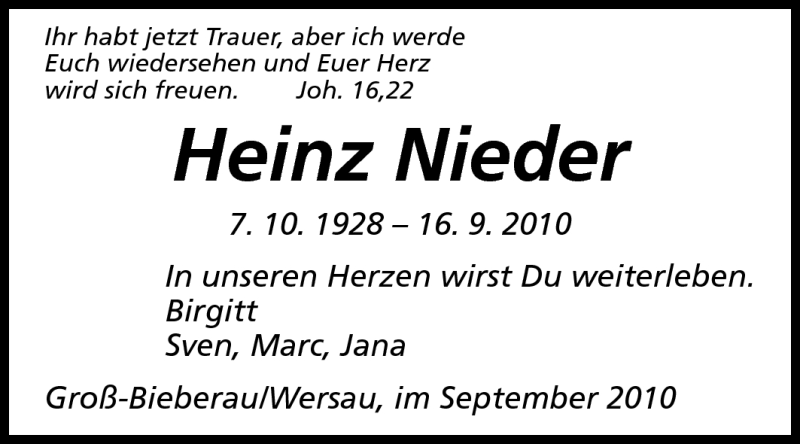  Traueranzeige für Heinz Nieder vom 18.09.2010 aus Odenwälder Echo