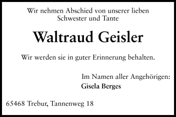Traueranzeige von Waltraud Geisler von Rüsselsheimer Echo, Groß-Gerauer-Echo, Ried Echo