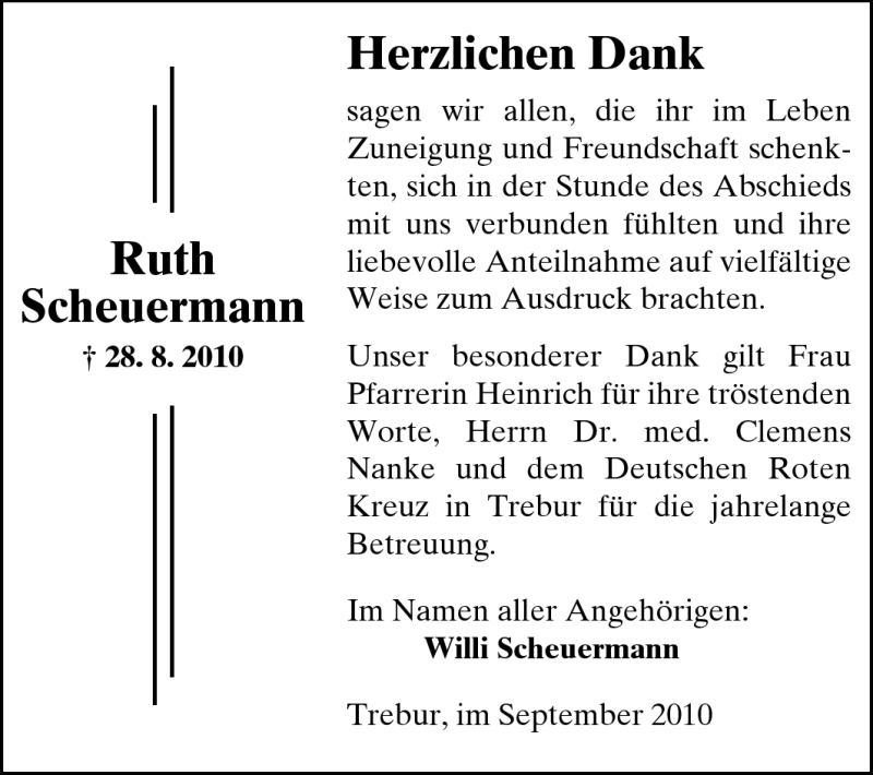  Traueranzeige für Ruth Scheuermann vom 20.09.2010 aus Rüsselsheimer Echo, Groß-Gerauer-Echo, Ried Echo
