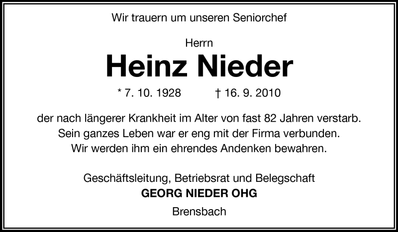  Traueranzeige für Heinz Nieder vom 22.09.2010 aus Echo-Zeitungen (Gesamtausgabe)