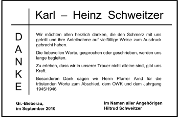 Traueranzeige von Karl-Heinz Schweitzer von Echo-Zeitungen (Gesamtausgabe)