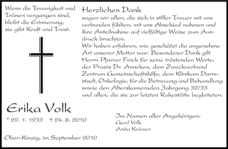  Traueranzeige für Erika Volk vom 25.09.2010 aus Echo-Zeitungen (Gesamtausgabe)